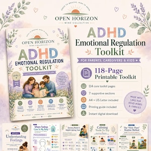 Pode incluir: O kit de regulação emocional para TDAH da Open Horizon Mind Collective é um recurso imprimível de 118 páginas para pais, cuidadores e crianças de 6 a 12 anos. Inclui 114 páginas, 7 seções, formatos A4 e US Letter e um guia de impressão.