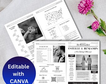 Folded Printable Wedding Newspaper Program Canva Template, Newlywed Times Newspaper Wedding Program, Editable Newspaper Itinerary, Marriage