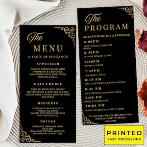 Bewerkbare/gedrukte menu- en programmasjabloon, modern trouwmenu, dinermenukaart, verjaardagsfeestje, zwartgouden dinerlunchmenukaarten