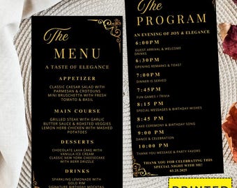 Editable/Printed Menu and Program Template, Modern Wedding Menu, Dinner Menu Card , Birthday Party Menu, Black Gold Dinner Lunch Menu Cards