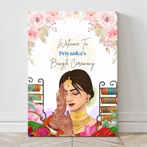 Puede incluir: Un letrero decorativo con el texto "Welcome To Priyanka's Bangle Ceremony". La ilustración presenta a una mujer adornada con joyas, rodeada de elementos florales y brazaletes. La paleta de colores incluye rosa, dorado y rojo.