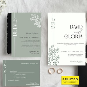 Hochzeitseinladungen im Grünen mit Umschlägen, Moderne Hochzeitseinladungen, Postkartenhochzeit lädt ein, stilvolles Einladen Briefpapier, Antwort mit QR