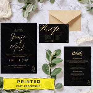 Ensemble de faire-part de mariage noir en téléchargement numérique ou imprimé, lot d'invitations de mariage noir et blanc, modèle de suite d'invitations de mariage moderne avec QR