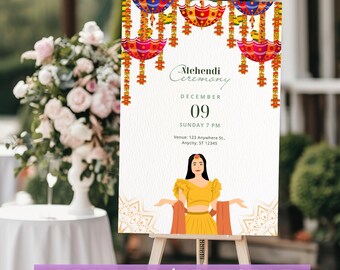 Panneau de bienvenue Mehndi imprimé et panneau décoratif Mendhi, panneau Mehndi en tant qu'affiche Mehndi, décor Mendhi Desi en tant que panneau Mehendi, panneaux Mendhi et nuit Mehndi