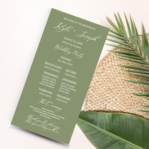 Grüne Hochzeits-Empfangsprogramme gedruckt, Zeremonieprogramme Hochzeitsprogrammkarten, Minimalistisches Hochzeitsprogramm, lange elegante Programmkarten