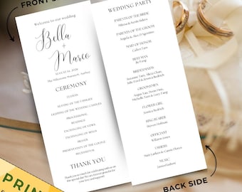 Może przedstawiać: Wydrukowany program ślubny z imionami "Bella + Marco" w eleganckiej czcionce. Program zawiera szczegóły ceremonii i członków wesela. Na przodzie napis "Printed Fast Processing".