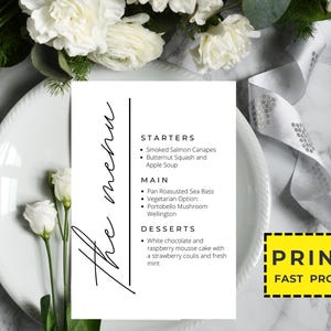 Personalisiertes gedrucktes Hochzeitsmenü, minimalistisches Hochzeitsmenü, modernes Hochzeitsmenü, einfaches Menü, Hochzeitsmenükarten, Abendmenükarte gedruckt