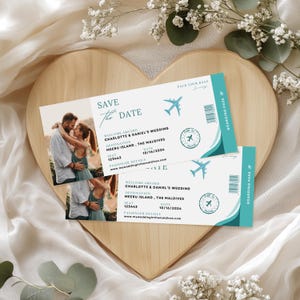 Cartão de embarque de praia personalizado impresso Salve a data perfeito para um casamento no destino casamento na praia Viagem Casamento QR Code Foto do casal