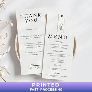 Biglietto di ringraziamento con menù e segnaposto, menù stampato con segnaposto, segnaposto moderni, biglietto di ringraziamento per addio al nubilato, menù/biglietto personalizzato
