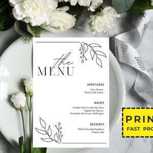 Personalisiertes gedrucktes Hochzeitsmenü, minimalistisches Hochzeitsmenü, modernes Hochzeitsmenü, einfaches Menü, Hochzeitsmenükarten, Abendmenükarte gedruckt