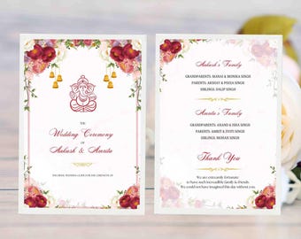 May include: Wedding ceremony invitation featuring a floral design with burgundy and pink flowers, gold bells, and a Ganesha illustration. The text reads "The Wedding Ceremony of Aakash & Amrita."