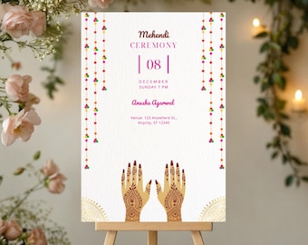 Panneau de bienvenue Mehndi imprimé et panneau décoratif Mendhi, panneau Mehndi en tant qu'affiche Mehndi, décor Mendhi Desi en tant que panneau Mehendi, panneaux Mendhi et nuit Mehndi