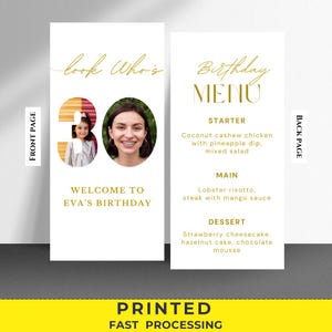 Modèle de carte de menu imprimé/modifiable pour 30e anniversaire, faire-part de menu pour 30 ans, menu pour dîner de 40e anniversaire, menu personnalisé avec photo