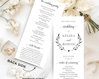 Może przedstawiać: Programy ceremonii ślubnej z tekstem "the wedding party" i "order of ceremony" wydrukowane na białym papierze. Na froncie widnieją imiona pary, Kyliea i Rohan, oraz data, 25 lipca 2026 r.