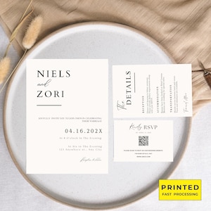 Bundle de faire-part de mariage minimaliste Qr Code, ensemble de modèles d'invitation minimaliste, suite d'invitations moderne, réponse en ligne élégante, carte détaillée, RSVP