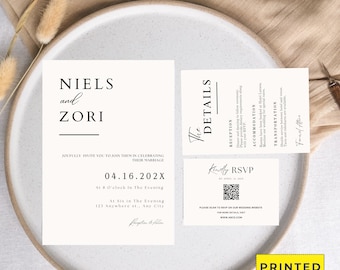 Minimalist Wedding Invitation Bundle Qr Code, Minimal Invitation Template Set, Modern Invite Suite, Elegant Online Rsvp, Details Card, RSVP