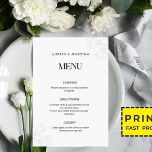 Personalisiertes gedrucktes Hochzeitsmenü, minimalistisches Hochzeitsmenü, modernes Hochzeitsmenü, einfaches Menü, Hochzeitsmenükarten, Abendmenükarte gedruckt