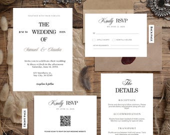 Minimalist Wedding Invitation Bundle Qr Code, Minimal Invitation Template Set, Modern Invite Suite, Elegant Online Rsvp, Details Card RSVP