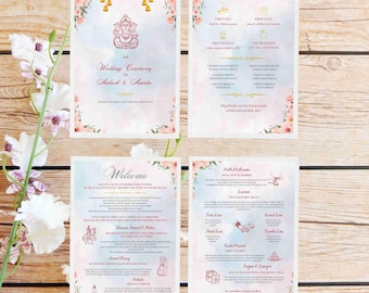 May include: Four rectangular wedding program cards featuring a watercolor floral border, a Ganesha icon, and text detailing the ceremony of Aakash and Amrita, including timelines, family names, and descriptions of traditional wedding rituals.