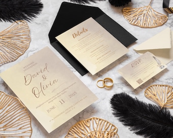 Personalized Printed Wedding Invitation Set with QR Code | Invitation Card, RSVP, Detail Card, Modern Minimal Wedding Invite Suite for Guest