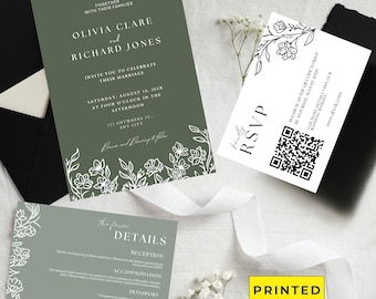 Minimalist Wedding Invitation Bundle Qr Code, Minimal Invitation Template Set, Modern Invite Suite, Elegant printed Rsvp, Details Card