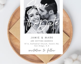 Foto Save the Date Karten, für Hochzeit, Hochzeitsbevorzugung, minimale Hochzeit Save the Date Karten, mit Umschlägen, kundenspezifische Hochzeitskarten, bearbeitbar
