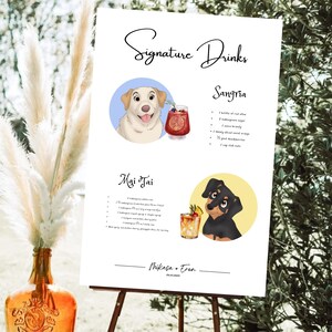Hunde Signature Drinks Schild Vorlage, Haustier Signature Cocktails Schild, Hochzeit Bar Menü Schild mit Haustieren, Bearbeiten mit TEMPLETT, Gedruckt + Digital