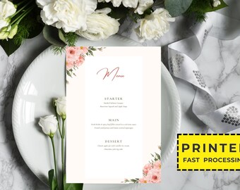 May include: A wedding menu card with floral accents, featuring a menu with starter, main, and dessert options. The card is decorated with pink flowers and green leaves. The text "PRINTED FAST PROCESSING" is in a yellow rectangle.