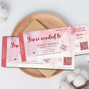 Cartão de embarque de praia personalizado impresso Salve a data perfeito para um casamento no destino casamento na praia Viagem Casamento QR Code Foto do casal