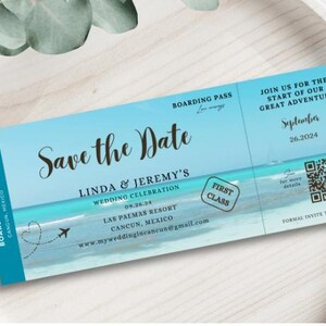 Carte d'embarquement personnalisée imprimée pour la plage, choisissez « Réservez cette date », idéale pour un mariage à destination, un mariage sur la plage, un mariage de voyage, code QR, photo de couple
