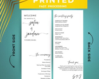 Może przedstawiać: Program ślubu z napisem "PRINTED FAST PROCESSING" na górze. Przód wita Sofię i Jordana, z datą 12.10.2026. Tył zawiera listę gości weselnych i podziękowania.