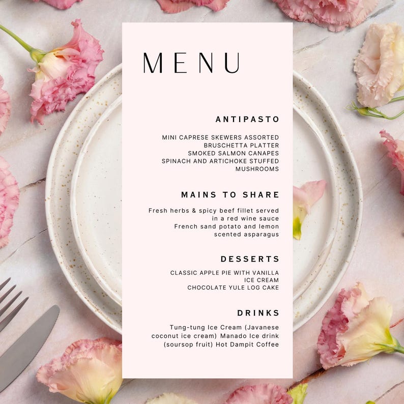 Printed Wedding Menu Cards, Elegant Minimalist Design, Dinner Party - Etsy