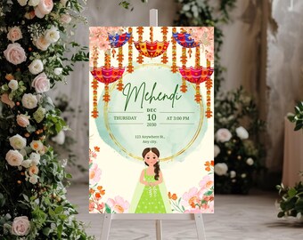 Panneau de bienvenue Mehndi imprimé et panneau décoratif Mendhi, panneau Mehndi en tant qu'affiche Mehndi, décor Mendhi Desi en tant que panneau Mehendi, panneaux Mendhi et nuit Mehndi