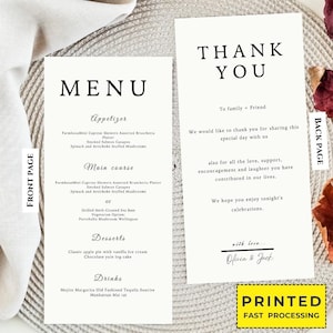 Tarjeta de agradecimiento moderna impresa con menú, tarjeta de menú de boda, juego de tarjetas de agradecimiento, tarjetas de menú de boda, menús de boda minimalistas, menús elegantes