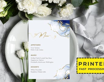 May include: A menu card with a white background, gold script, and blue watercolor accents. The menu lists appetizers, mains, and desserts. The words "PRINTED" and "FAST PROCESSING" are in a yellow rectangle.