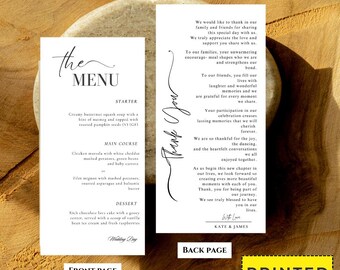 Printed Modern Menu and Thank you Card, Wedding Menu Card, Thank you Card Set, Wedding Menu Cards, Minimalist Wedding Menus, Elegant Menus