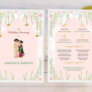 Gedrukt modern trouwprogramma, gedrukte ceremonie, huwelijksceremonie met tijdlijn trouwdag, details ceremonieprogramma, gedrukte trouwkaart