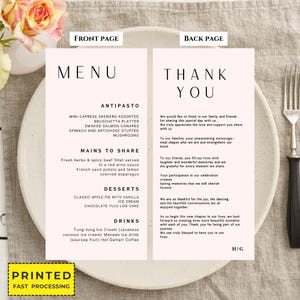 Menú moderno impreso y tarjeta de agradecimiento, tarjeta de menú de boda, juego de tarjetas de agradecimiento, tarjetas de menú de boda, menús de boda minimalistas, menús elegantes