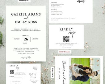 Elegant Minimalist Wedding Invitation Suite With Photo, Fully Editable DIY Canva Template, Printed Wedding Stationery, Invite Set Bundle