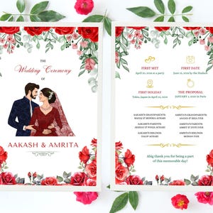 Gedrukt modern trouwprogramma, gedrukte ceremonie, huwelijksceremonie met tijdlijn trouwdag, details ceremonieprogramma, gedrukte trouwkaart