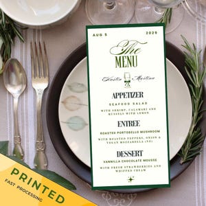 Karta menu weselnego, drukowane menu weselne, nowoczesne menu weselne, ręcznie pisane wesele, minimalistyczne menu weselne, eleganckie menu, zielona karta menu