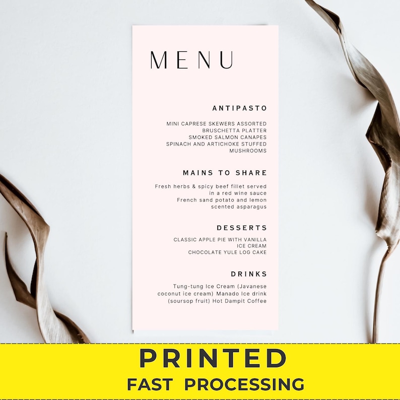 Printed Wedding Menu Cards, Elegant Minimalist Design, Dinner Party - Etsy