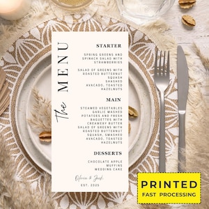 Karty menu weselnego, drukowane menu weselne, nowoczesne menu weselne, ręcznie pisane wesele, minimalistyczne menu weselne, eleganckie menu, karta kolacji