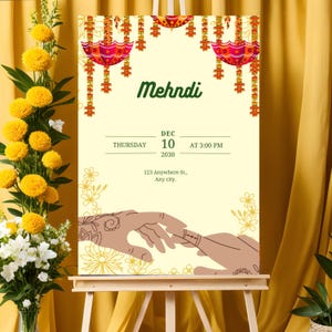 Printed Mehndi Welcome sign & Mendhi decor sign, Mehndi Sign as Mehndi poster, Mendhi Desi decor as Mehendi sign, Mendhi signs, Mehndi Night