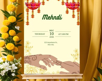 Printed Mehndi Welcome sign & Mendhi decor sign, Mehndi Sign as Mehndi poster, Mendhi Desi decor as Mehendi sign, Mendhi signs, Mehndi Night