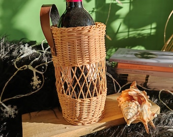 Bamboo Bottle Holder Wine Rack Rattan handmade Bottle compatible with Leather handle Dining table decor