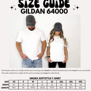 Op de afbeelding: Maattabel voor Gildan 64000 unisex softstyle t-shirts. De afbeelding toont een man en een vrouw die witte t-shirts dragen. De maattabel geeft afmetingen in cm voor de maten XS tot 4XL. Het vrouwelijke model is 163 cm en het mannelijke model is 183 cm.