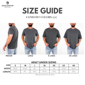 Op de afbeelding: Maattabel voor Comfort Colors 1717 unisex t-shirts voor volwassenen. De afbeelding toont een maattabel met afmetingen in inches, omgerekend in cm, voor maten S tot 4XL. De tabel bevat breedte- en lengtematen.