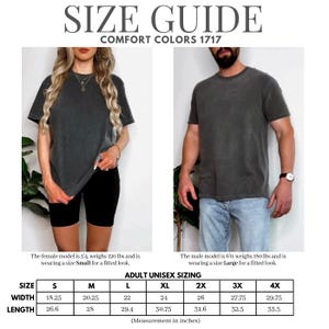Puede incluir: Guía de tallas para camisetas Comfort Colors 1717. La imagen muestra a una mujer y un hombre modelando las camisetas. La tabla de tallas proporciona medidas en centímetros para tallas unisex de adulto, que van de la S a la 4XL. La modelo femenina mide 1,63 m y usa la talla Small. El modelo masculino mide 1,83 m y usa la talla Large.