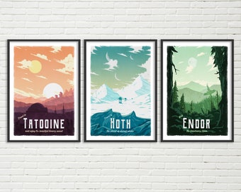 Star Wars Travel Poster Tatooine, Hoth and Endor, Star Wars Planet Attraction Poster, Star Wars Gift